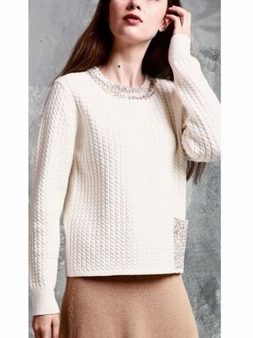 Maude Vivante Zena Cable Knit Boucle Trim Pullover Sweater